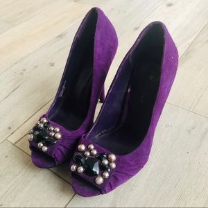 Purple suede jeweled heels